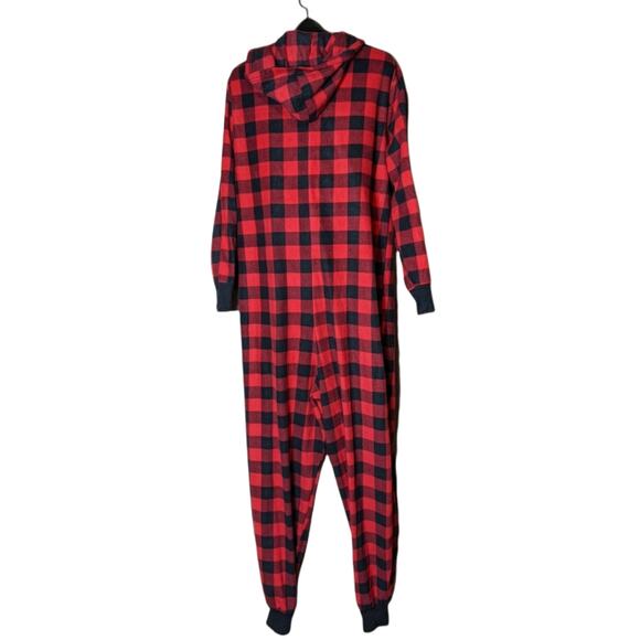HOLIDAY TAILS Red Buffalo Plaid Zipper Hooded Onesie Pajamas Small Medium - Picture 4 of 6